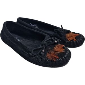 Minnetonka Black Suede Moccasin Loafers Tassels Red Orange Brown Feathers Size 9